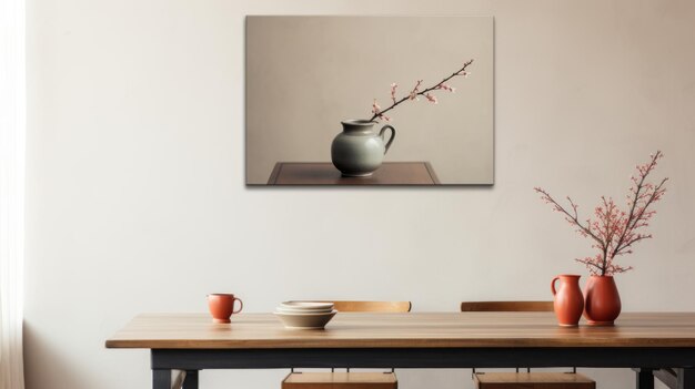 Arte minimalista de mesa en la pared con jarrón con estampado floral