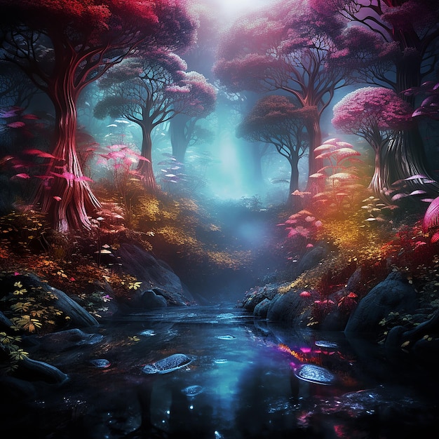 Arte místico del bosque fractal de colores.