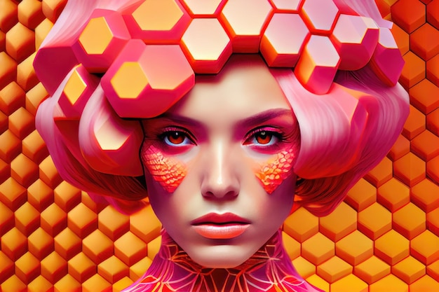 Arte de moda con estilo futurista con patrón de forma hexagonal y color rosa vivo del modelo posando en el estudio