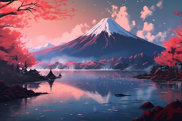 arte de las montañas fuji en japón sakura hojas rosadas en la naturaleza generada ai