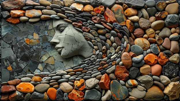 Foto arte en mosaico de la cara de una mujer hecha con piedras