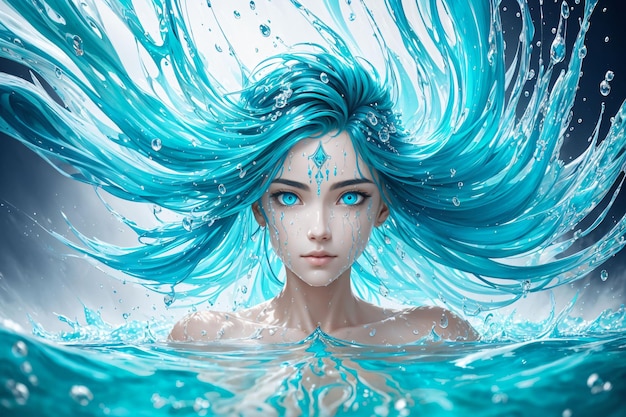 Arte de una mujer con cabello azul en el agua