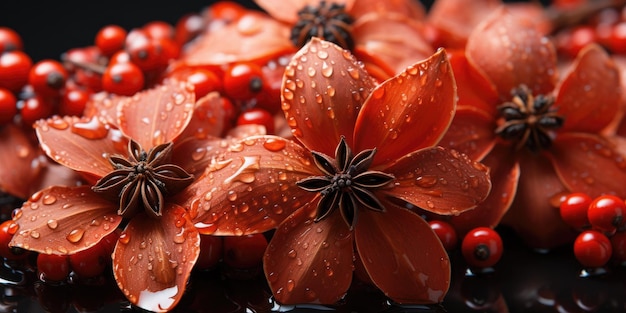 El arte de la naturaleza: hierbas y hojas con gotas de agua relucientes