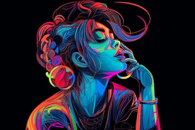 Arte neon de uma mulher com a mão no queixo