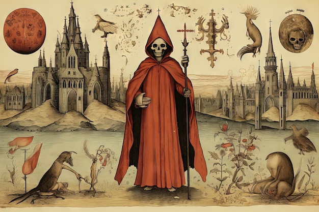 Arte oculta de estilo medieval com esqueleto e monstros Ícone antigo ou ilustração de livro antigo com cena religiosa mística