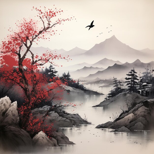 Arte de las olas de marea japonesa arte digital tradicional piezas de arte japonés tinta y lavar flores