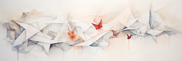 Arte de origami abstracto con acentos rojos