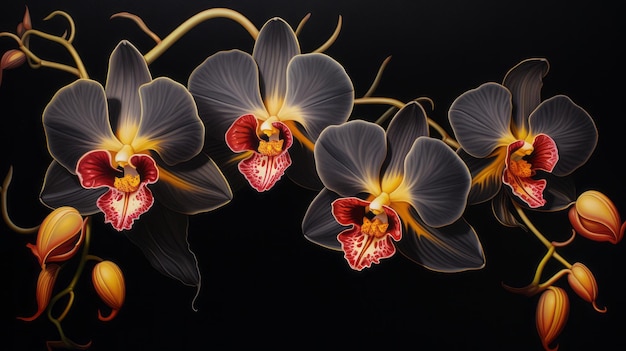 Arte de orquídeas Orquídea de fuego negro fantasía elegante Flores místicas Patrón floral único