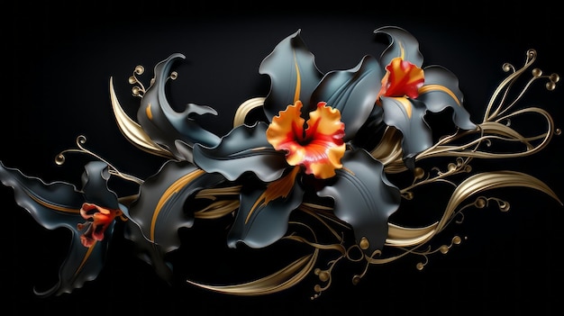 Arte de orquídeas Orquídea de fuego negro fantasía elegante Flores místicas Patrón floral único