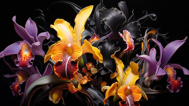 Arte de orquídeas Orquídea de fuego negro fantasía elegante Flores místicas Patrón floral único