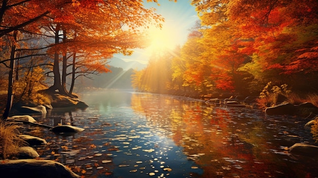 Arte otoño naturaleza soleada telón de fondo en el lago