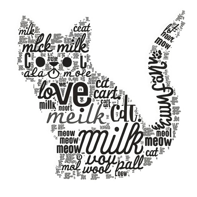 Arte de palabras en la nube de una forma de gato con el texto LOVE CAT MILKMEOWOL BALL fondo blanco y palabras negras