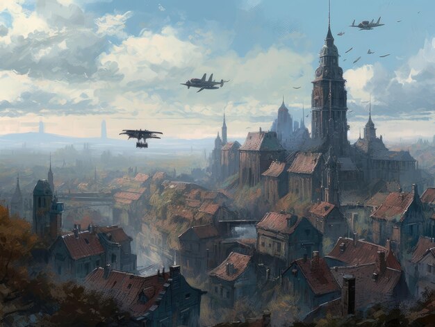 arte panorámico de paisaje steampunk ghostpunk dieselpunk fantasía ilustración cartel libro de diseño de juegos