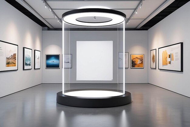 Foto arte en una pantalla magnética flotante en una maqueta de exposición tecnológica con espacio blanco en blanco para colocar su diseño