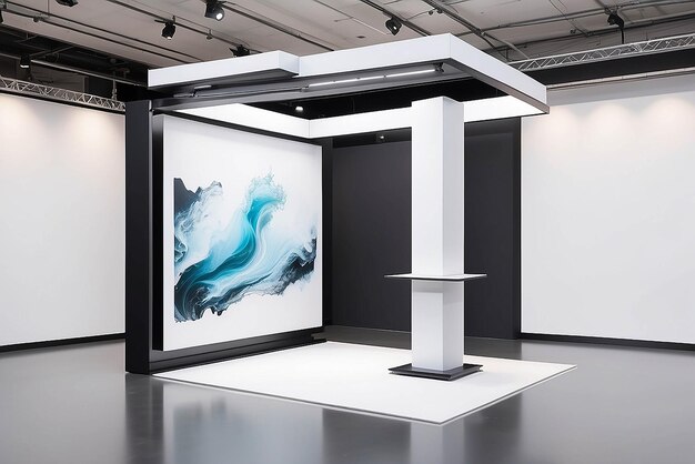 Arte en una pantalla magnética flotante en una maqueta de exposición tecnológica con espacio blanco en blanco para colocar su diseño