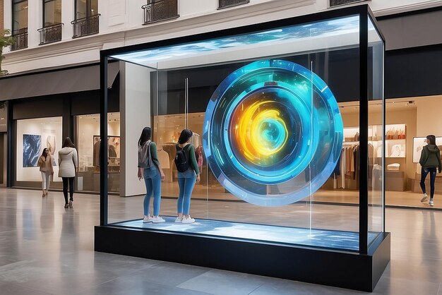 Foto arte en una pantalla de ventana oled transparente en un espacio minorista con maqueta de características interactivas