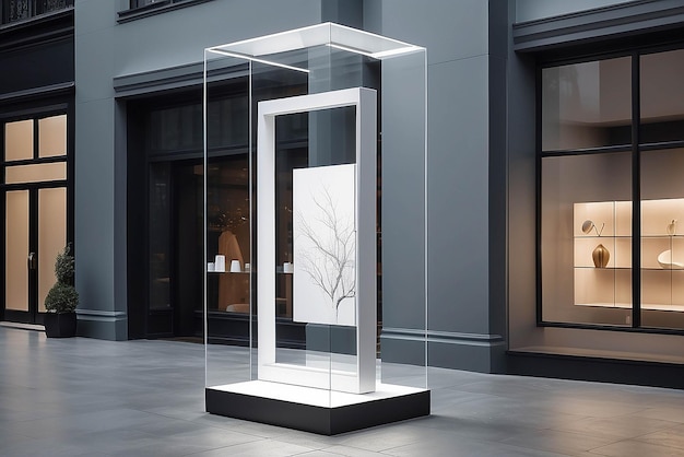 Arte en una pantalla de ventana OLED transparente en una maqueta de espacio minorista con espacio blanco en blanco para colocar su diseño