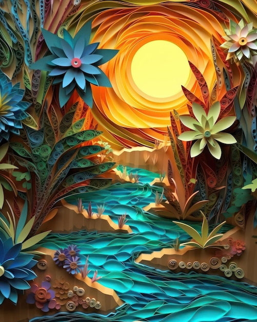 Arte en papel 3D Sol montañas y río en armonía Ai generado