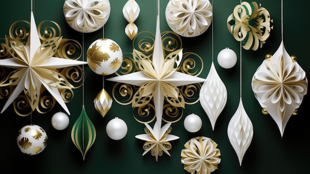 Arte en papel con adornos navideños blancos, verdes y dorados.