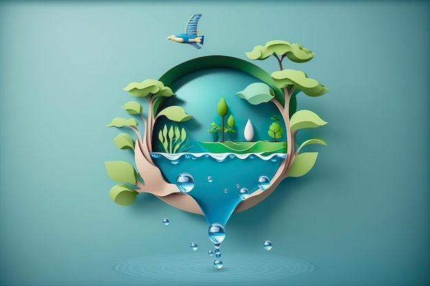 Arte en papel Ahorro de agua y día mundial del medio ambiente Ecología y día mundial del agua protección del medio ambiente y ahorro de agua de la tierra Generar Ai