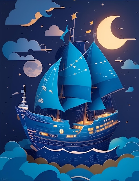 Arte de papel de barco de mar y nubes en la noche.