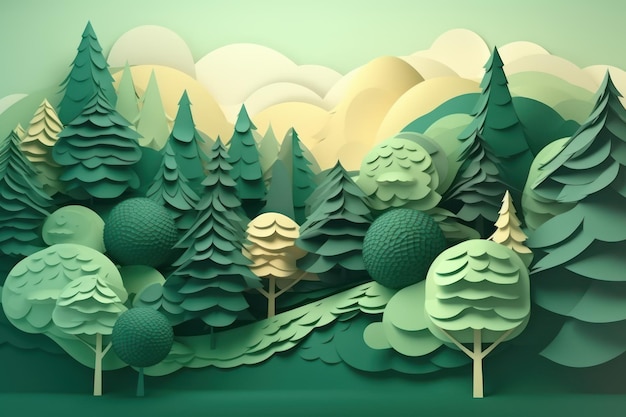 Arte de papel de bosque verde Imagen de ilustración hermosa IA generativa