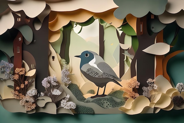 arte en papel una cámara en un bosque con pájaros estilo de arte en papel generado ai