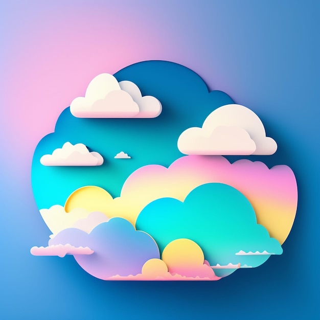 Arte en papel de un cielo con nubes y arco iris.