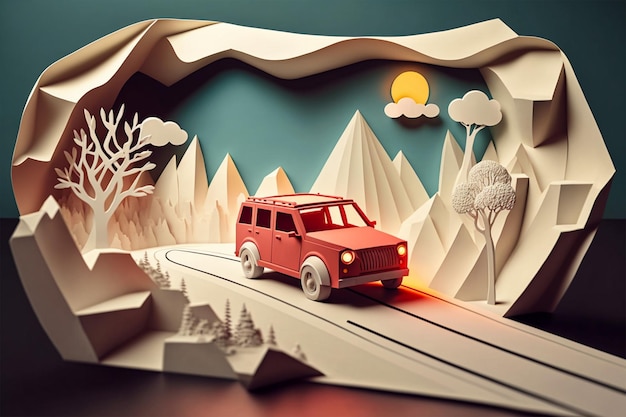 Arte de papel coche en una carretera una excursión de un día en el verano escapar de la ciudad con va de vacaciones