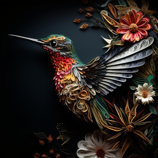 Arte en papel de un colibrí con flores.