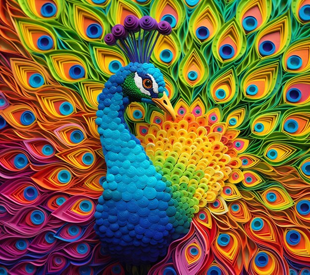 arte de papel de colores brillantes de un pavo real con las plumas extendidas