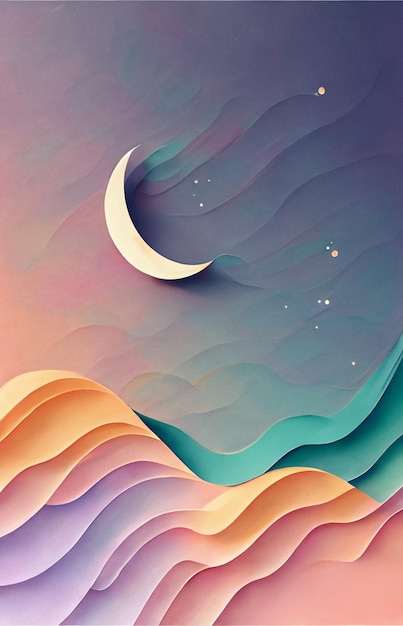 Un arte de papel colorido con una luna creciente en el fondo.