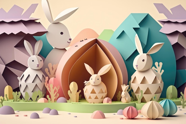 Arte de papel Conejito feliz y huevos de Pascua Conejito de Pascua de dibujos animados Conejo de Pascua Concepto de liebre de Pascua