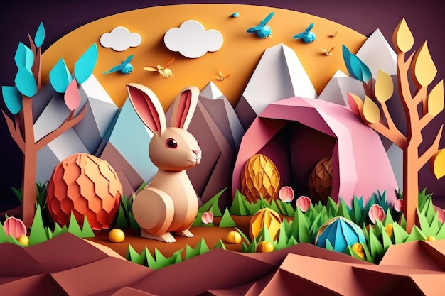 Arte de papel Conejito feliz y huevos de Pascua Conejito de Pascua de dibujos animados Conejo de Pascua Concepto de liebre de Pascua