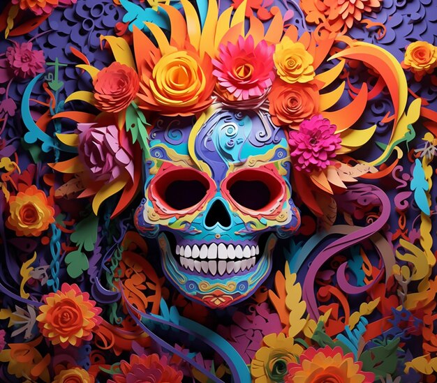 arte de papel cortado de colores brillantes de un cráneo con flores y hojas generativo ai