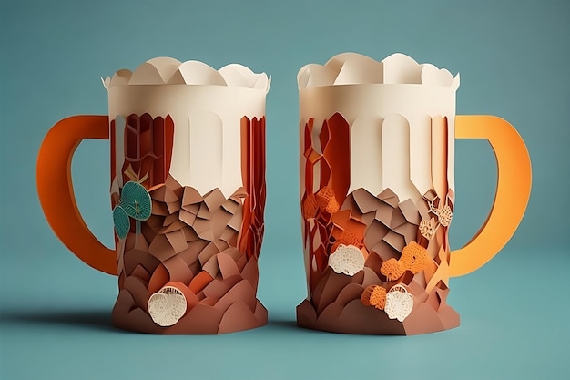 arte de papel del día internacional de la cerveza dos jarras de cerveza estilo de arte de papel ai generado