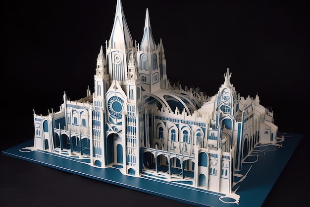 Arte de papel de diseño de modelo 3D de la catedral con color azul