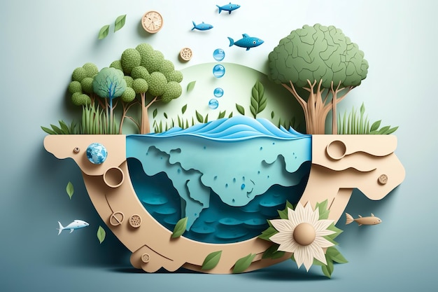 Arte en papel Ecología y día mundial del agua Ahorro de agua y día mundial del medio ambiente protección del medio ambiente y ahorro de agua de la tierra Generar Ai