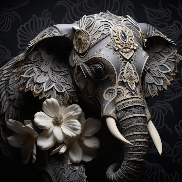 Arte en papel de un elefante con flores.