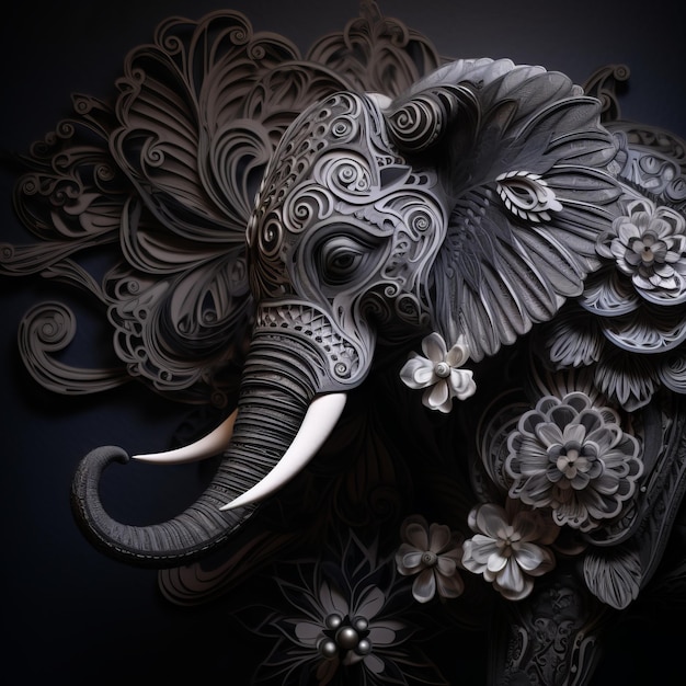 Arte en papel de un elefante con flores.