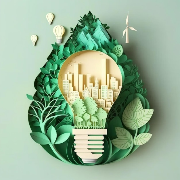 Arte de papel energía renovable con energía verde como turbinas eólicas Energía renovable por energía neutra en carbono Consumo de energía y CO2 Reducir el concepto de emisión de CO2 Generar Ai