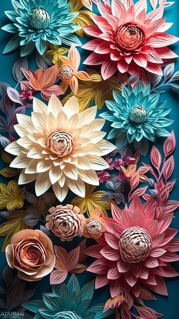 Foto arte de papel flores coloridas con hojas hechas de papel ai generativo