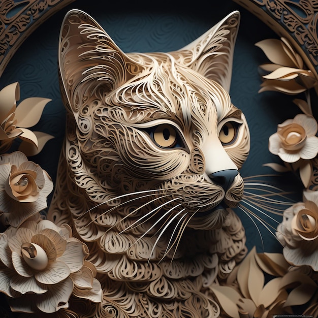 Arte en papel de un gato con flores.