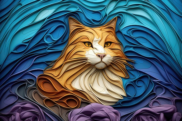 Un arte en papel de un gato con un fondo azul.