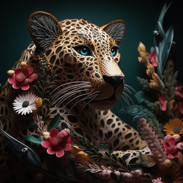 Arte en papel de un leopardo con flores.