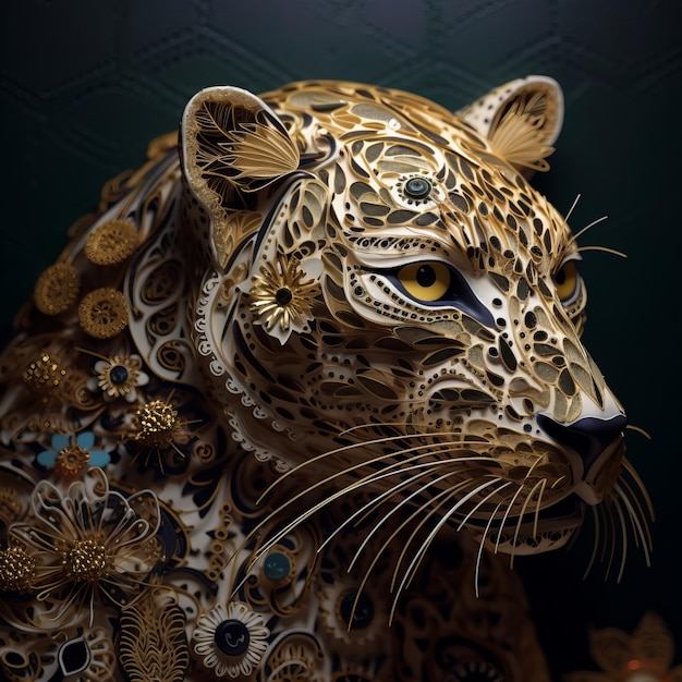 Arte en papel de un leopardo con flores.