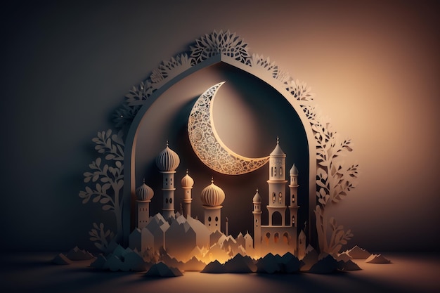 Arte en papel de una mezquita y una luna creciente con la luna de fondo IA generativa