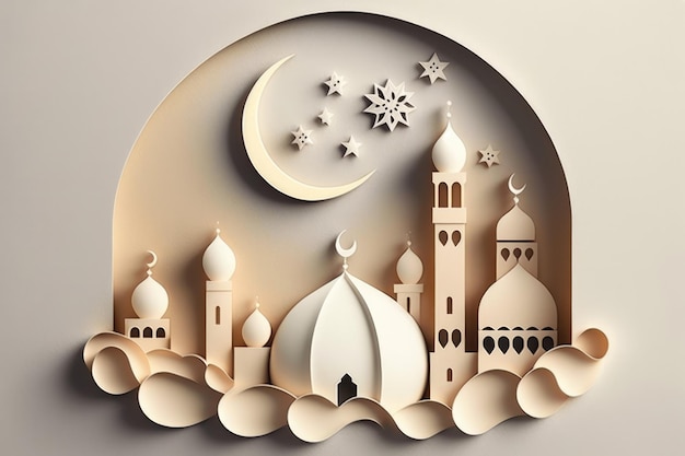 Arte en papel de una mezquita y la luna con estrellas en el cielo.