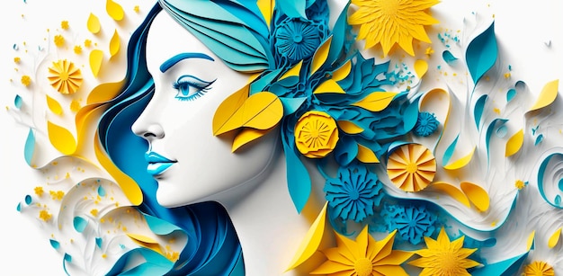 Arte con papel mujer feliz con flores Especiales día de la mujer Ai Generativo