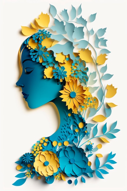 Arte con papel mujer feliz con flores Especiales día de la mujer Ai Generativo